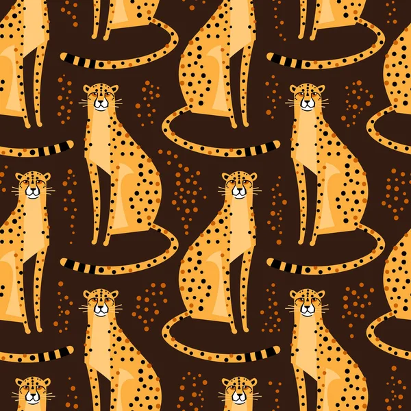 Бесшовный рисунок с гепардами, леопардами. Повторяющиеся экзотические дикие кошки на коричневом фоне. Векторная иллюстрация — стоковый вектор
