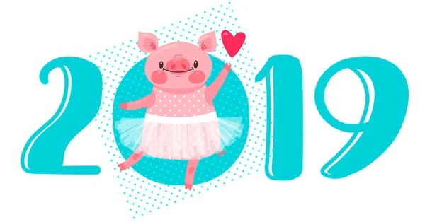 2019 С Новым годом дизайн открытки. Векторная иллюстрация с номерами 2019 года и свиньёй в балетной пачке. Фигуры и символ года Китайский календарь в мультяшном стиле — стоковый вектор