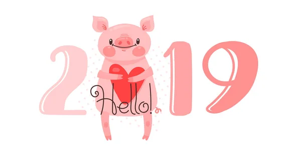 2019 happy New Year kaart ontwerp. Vectorillustratie met 2019 nummers en sweet pig begroet met liefde. Cijfers en symbool van jaar Chinese kalender in cartoon stijl — Stockvector