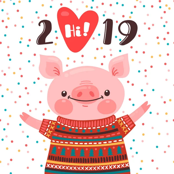 Σχεδιασμός κάρτας ευτυχισμένο το νέο έτος 2019. Σύμβολο του κινεζικού ημερολογίου χαριτωμένος χοίρου χαιρετά με αγάπη. Χοιριδίων στο πλεκτό πουλόβερ. Εικονογράφηση διάνυσμα σε στυλ καρτούν — Διανυσματικό Αρχείο