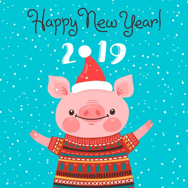 Happy 2019 novoroční přání. Legrační prasátko blahopřeje na dovolené. Prase čínského zvěrokruhu symbol roku. Vektorové ilustrace v karikatuře stylu — Stockový vektor