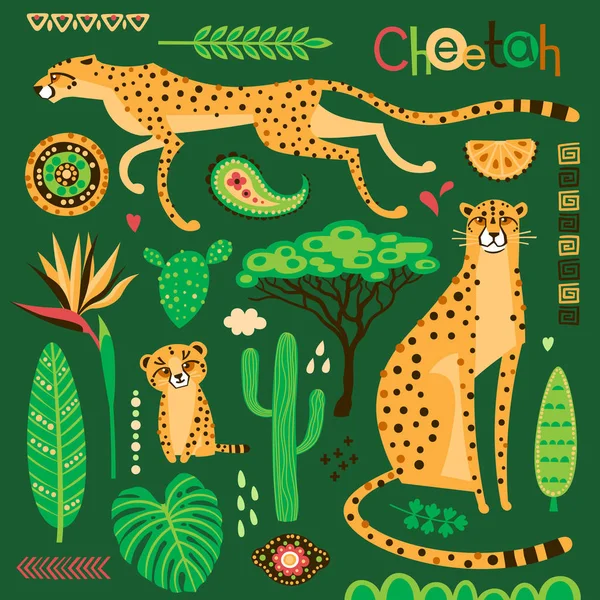 Gatos exóticos salvajes, plantas tropicales y patrones étnicos establecidos. Cheetahs y su cachorro. Ilustración vectorial del estilo de dibujos animados — Archivo Imágenes Vectoriales