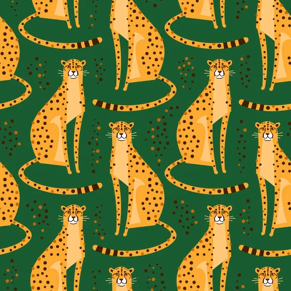 Patrón sin costuras con guepardos, leopardos. Gatos salvajes exóticos repetidos sobre un fondo verde. Ilustración vectorial — Archivo Imágenes Vectoriales