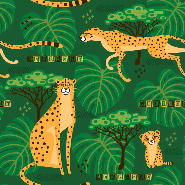 Patrón sin costuras con guepardos, leopardos en la selva. Gatos salvajes exóticos repetidos en el fondo de la sabana. Ilustración de viaje estilizada vectorial — Archivo Imágenes Vectoriales