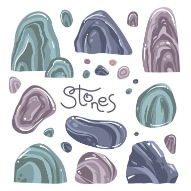 Bir dizi karikatür tarzı farklı taş. Beyaz arka plan kayaların üzerinden izole. Vektör çizim