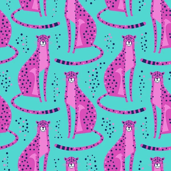 Seamless mönster med geparder, leoparder. Upprepade exotiska vilda rosa katter på turkos bakgrund. Vektorillustration — Stock vektor