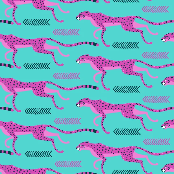 Naadloze patroon met het runnen van cheeta's, luipaarden. Exotisch wild roze katten op een turkooizen achtergrond herhaald. Vectorillustratie — Stockvector