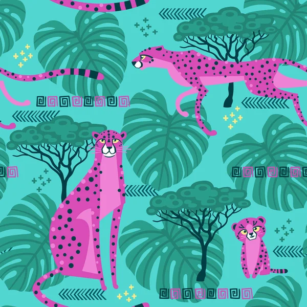 Seamless mönster med geparder, leoparder i djungeln. Upprepade exotiska vilda savann katt. Stiliserade vektorillustration i ljust rosa och turkos färg — Stock vektor