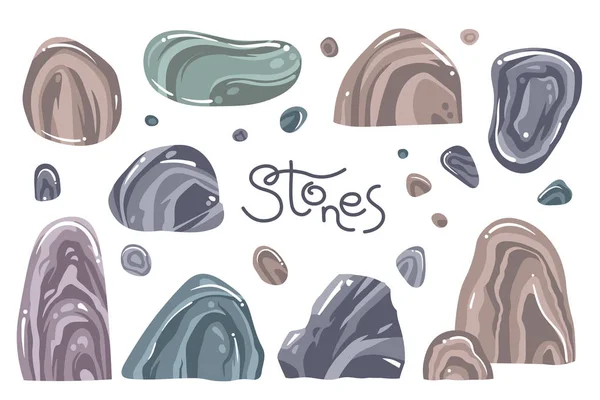 Un insieme di pietre diverse in stile cartone animato. Isolato su rocce di sfondo bianco. Illustrazione vettoriale — Vettoriale Stock