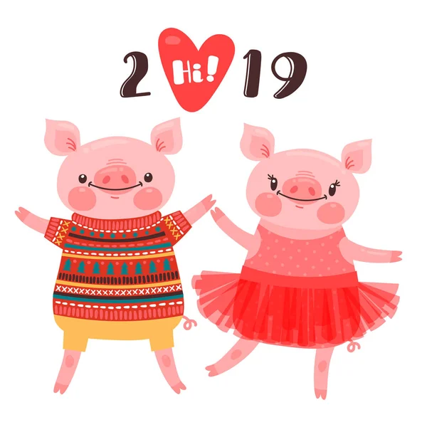 Happy 2019 yeni yıl kartı. Komik domuz yavruları birkaç tatil tebrik. Bale tutu ve kazaklı domuzu domuz. Domuz Çince Zodyak yılı sembolü. Vektör çizim karikatür tarzı — Stok Vektör