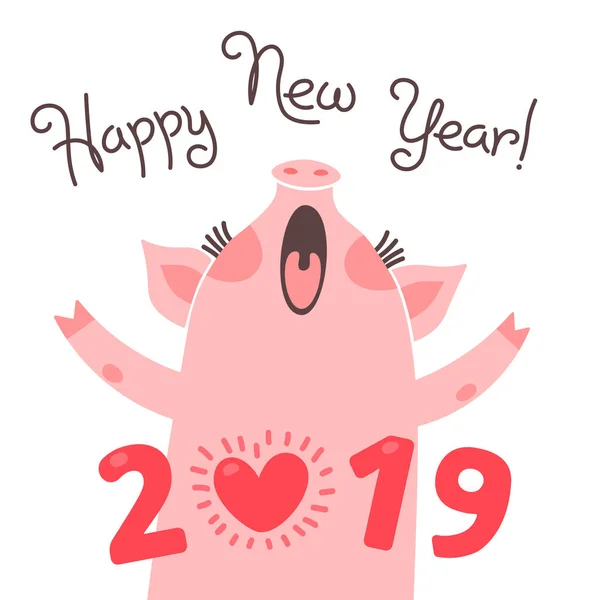 Happy 2019 yeni yıl kartı. Komik piglet tatil tebrik ederiz. Domuz Çince Zodyak yılı sembolü. Vektör çizim karikatür tarzı — Stok Vektör