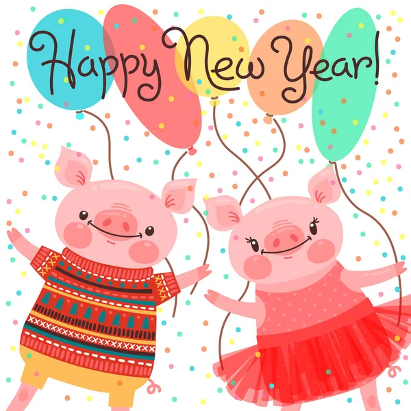 2019新年贺卡快乐。一对滑稽的小猪祝贺节日。穿着芭蕾舞短裙的猪和穿毛衣的野猪。中国猪生肖的象征年。卡通风格中的矢量插画 — 图库矢量图片