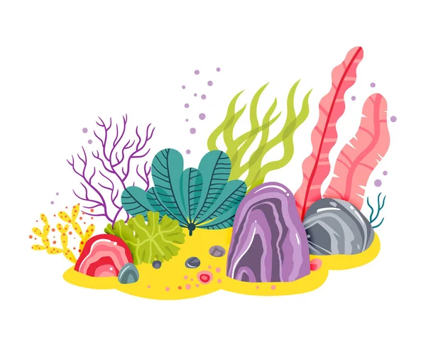 Background with ocean bottom, corals reefs, seaweed. Vector abstract illustration of an underwater landscape in a cartoon style — Stock Vector