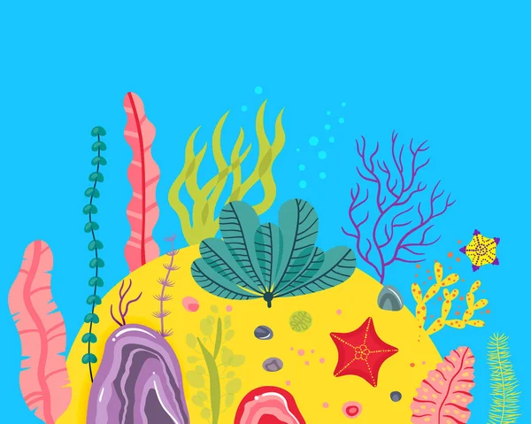 Fundo com fundo oceânico, recifes de corais, algas marinhas. Ilustração abstrata vetorial de uma paisagem subaquática em estilo cartoon —  Vetores de Stock