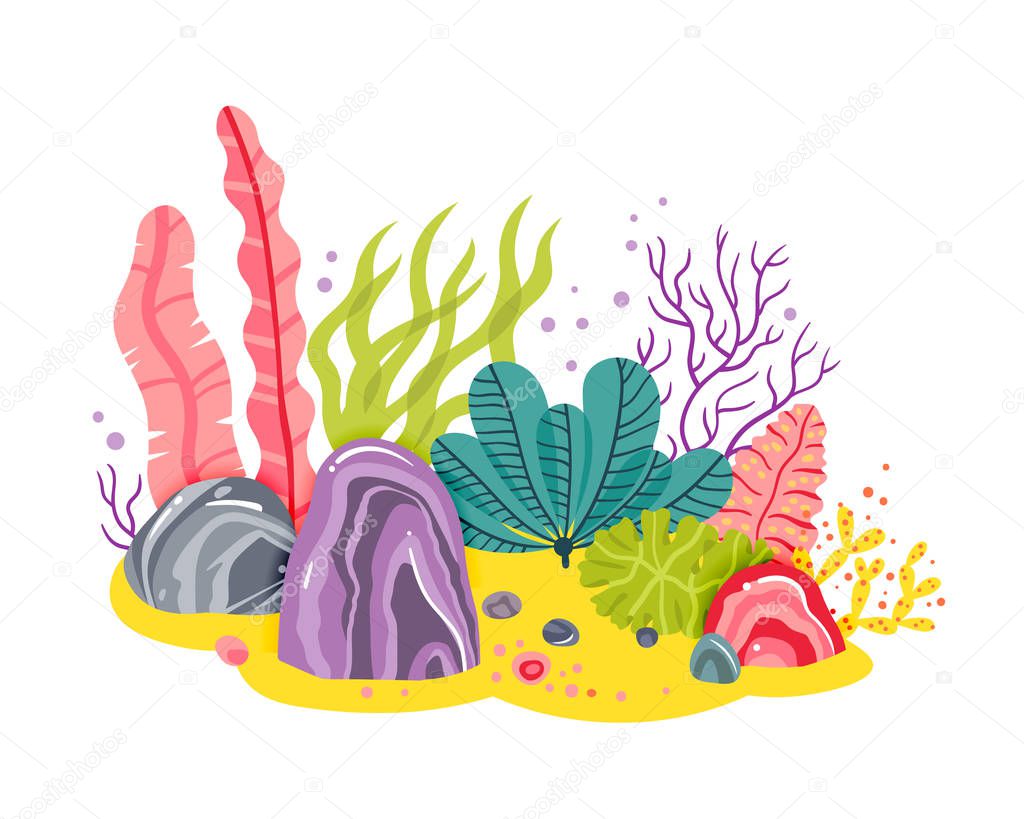 Background with ocean bottom, corals reefs, seaweed. Vector abstract illustration of an underwater landscape in a cartoon style