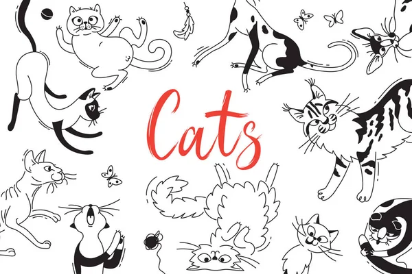 Karte mit spielenden Katzen verschiedener Rassen. Katze im Stil eines Doodle-Cartoons. Vektorhintergrund — Stockvektor