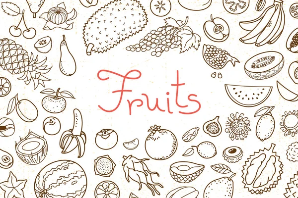 Fundo com várias frutas e uma inscrição para design de menu, receitas e embalagens de produtos. Ilustração vetorial — Vetor de Stock