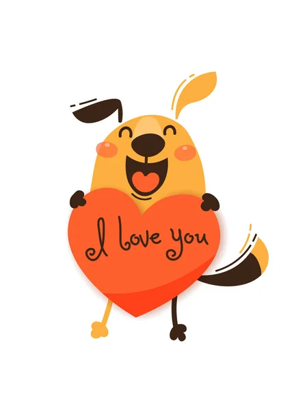 Egy boldog kutya-val egy Valentin és üzenet szeretlek. Rajzfilm stílusú vektoros illusztráció — Stock Vector