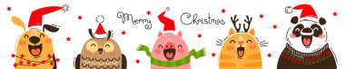Noel Baba şapkaları mutlu hayvanlarda. Neşeli köpek, baykuş, domuzu, kediyi ve panda. Merry Christmas banner.