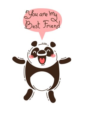 Neşeli panda en iyi arkadaşımsın diye bağırıyor. Vektör çizim karikatür tarzı