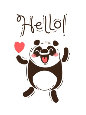 Mutlu bir panda Merhaba Merhaba diyor. Vektör çizim karikatür tarzı