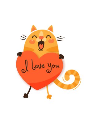 Bir Sevgililer ve ileti ile birlikte mutlu bir kedi seni seviyorum. Vektör çizim karikatür tarzı