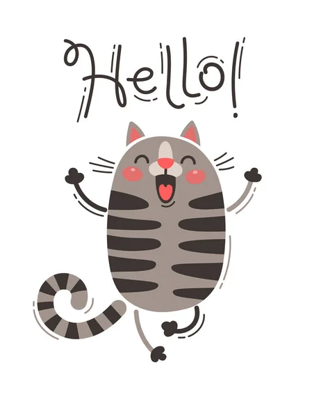 Een tevreden kat begroet u Hello. Vectorillustratie in cartoon stijl — Stockvector