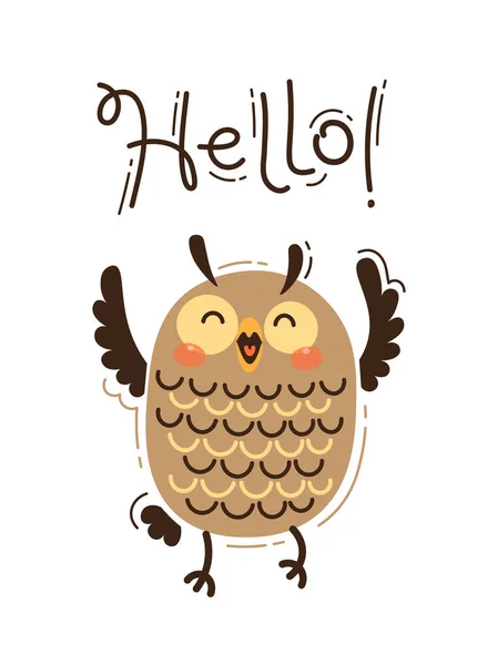 Uma coruja feliz cumprimenta-te Olá. Ilustração vetorial em estilo cartoon — Vetor de Stock