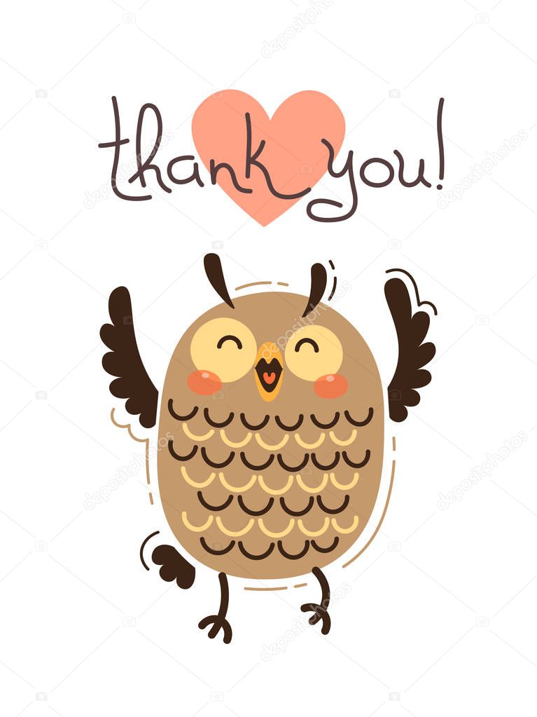 Funny owl says thank you. Vector illustration in cartoon style