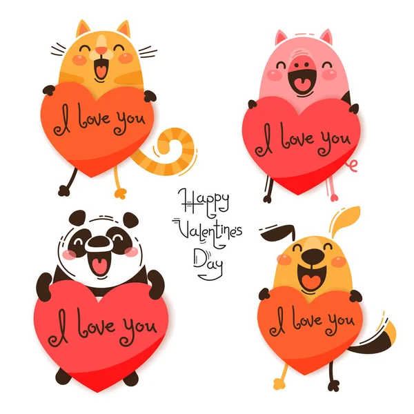 Set van schattige dieren met valentines. Grappige kat, hond, varken en panda bekennen dat ik hou van je. Geïsoleerde vectorillustratie voor Valentijnsdag ontwerpen — Stockvector