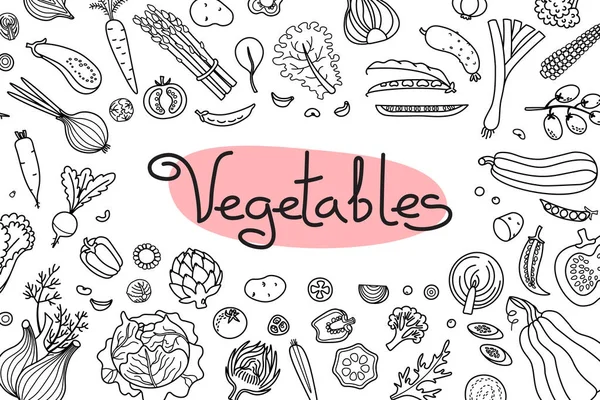背景に様々 な野菜、メニュー デザイン、レシピや製品の包装の碑文。ベクトル図 — ストックベクタ