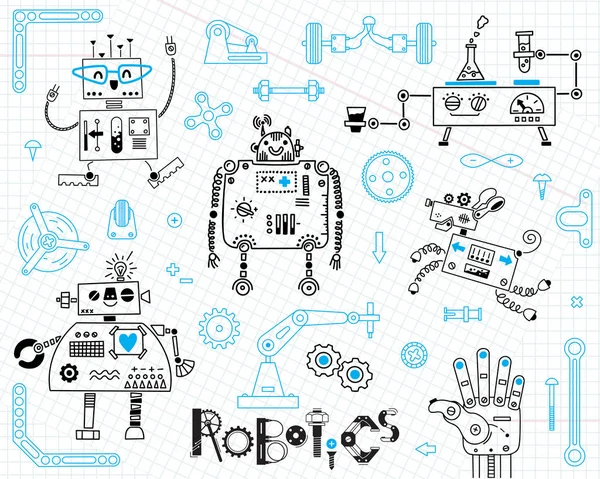 Robótica para niños. Conjunto de elementos de diseño. Robots y detalles para la construcción. Ilustración vectorial — Archivo Imágenes Vectoriales