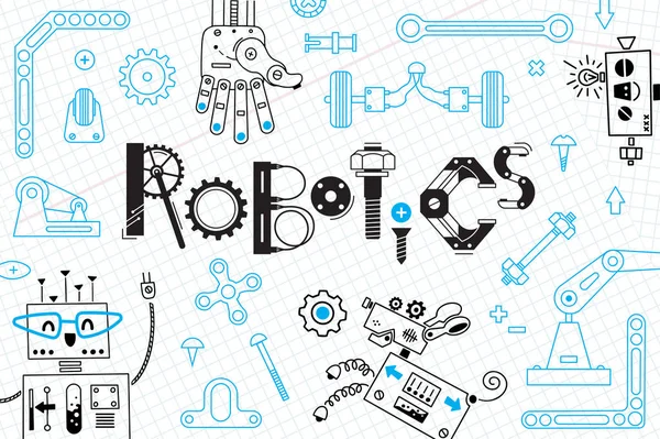 Robótica para niños. Banner o tarjeta. Robots y detalles para la construcción. Ilustración vectorial — Archivo Imágenes Vectoriales