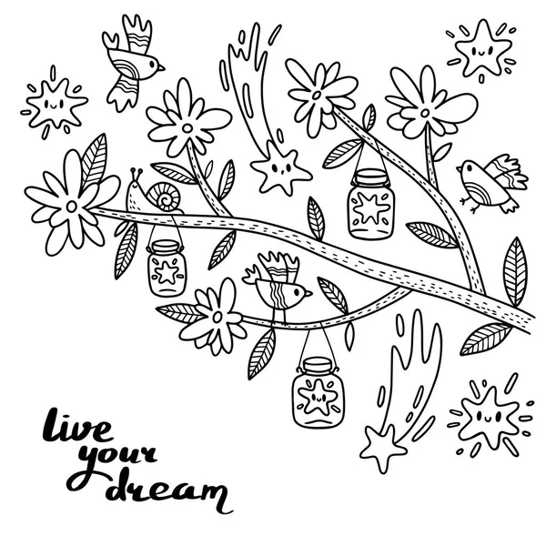 Colorear rama de árbol floreciente con aves y estrellas. Ilustración vectorial — Vector de stock