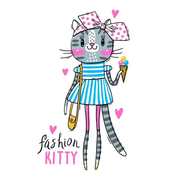 Chaton kawaii mode. Illustration vectorielle d'un chat en vêtements à la mode. Peut être utilisé pour l'impression de t-shirt, la conception de vêtements pour enfants, la carte de douche pour bébé — Image vectorielle