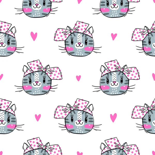 Seamless mönster med söt fase av katter och bågar. Fashion kawaii kitty. Vektorillustration — Stock vektor