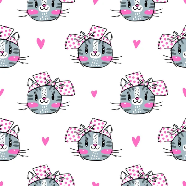 Modèle sans couture avec mignon fase de chats et d'arcs. Chaton kawaii mode. Illustration vectorielle — Image vectorielle