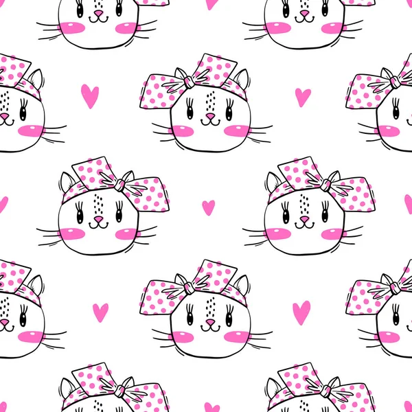 Seamless pattern with cute fase of cats and bows. Fashion kawaii kitty. Vector illustration — Stock Vector