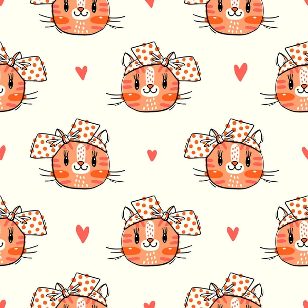 Seamless pattern with cute fase of cats and bows. Fashion kawaii kitty. Vector illustration — Stock Vector