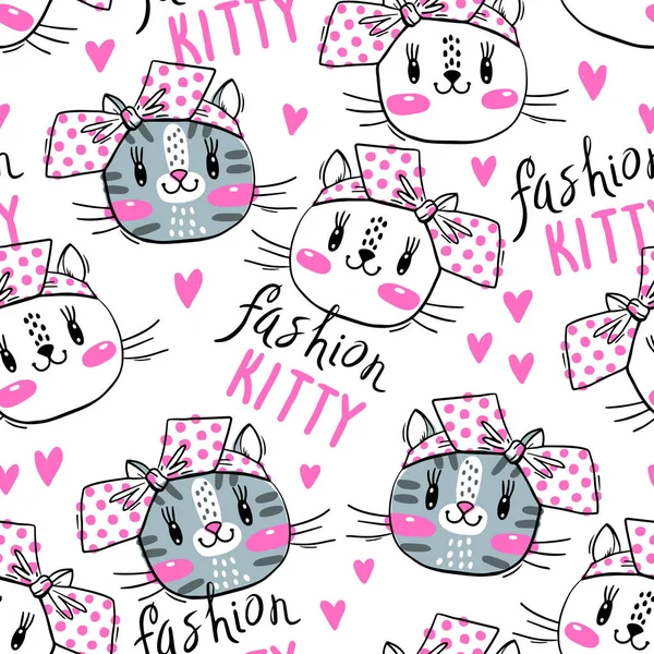 Modello senza cuciture con graziosa fase di gatti e fiocchi. Gattino kawaii di moda. Illustrazione vettoriale — Vettoriale Stock