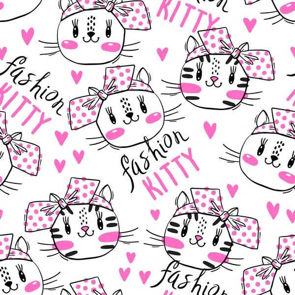Wzór z cute fase kotów i łuki. Mody kawaii kitty. Ilustracja wektorowa — Wektor stockowy