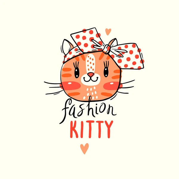 Chaton kawaii mode. Illustration vectorielle d'un visage de chat avec un arc. Peut être utilisé pour l'impression de t-shirt, la conception de vêtements pour enfants, la carte de douche pour bébé — Image vectorielle