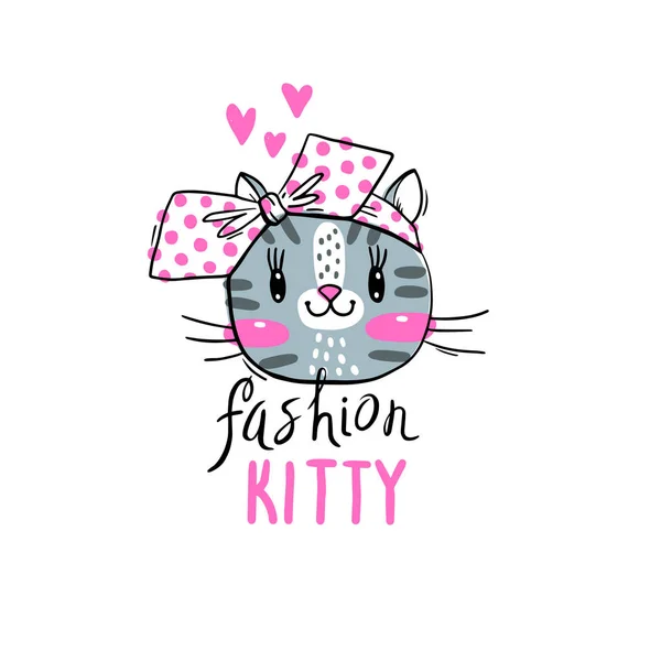 Το γατάκι της μόδας. Απεικόνιση ενός προσώπου γάτας με τόξο. Μπορεί να χρησιμοποιηθεί για το t-shirt print, τα παιδιά φορούν σχέδιο, κάρτα ντους μωρών — Διανυσματικό Αρχείο
