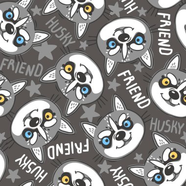 Köpekler Husky burunları yavru ve yazıtlar arkadaşı ile moda dikişsiz desen. Karikatür tarzında vektör Illustration.