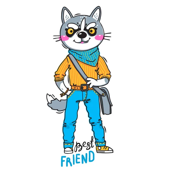 Husky puppy in fashionable clothes. Dog is the best friend. Can be used as print for design of t-shirt, cover, card. Vector illustration — Stock Vector