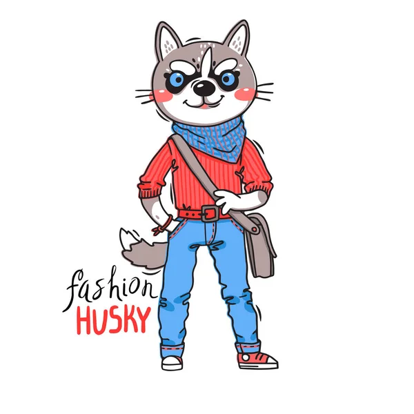 Anak anjing dengan pakaian modis. Fashion husky. Cetak untuk desain kaos, sampul, kartu. Ilustrasi vektor - Stok Vektor