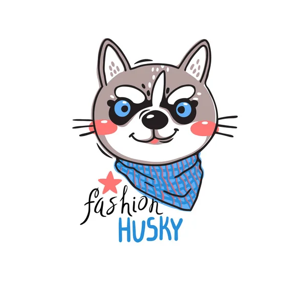 Un cucciolo ritratto con una bandana intorno al collo. Cane con la moda iscrizione husky. Illustrazione vettoriale in stile cartone animato — Vettoriale Stock