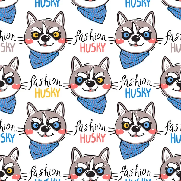 Portre puppys ve yazıt moda Husky. Boynunun etrafında bir bandana köpek. Karikatür tarzında Dikişsiz desen — Stok Vektör