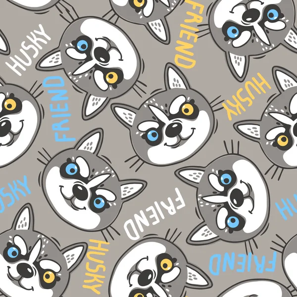 Fashionable seamless pattern with dogs husky noses puppies and inscriptions friend. Vector illustration in cartoon style.