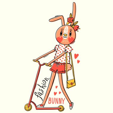Moda kawaii bunny. Bir scooter sürme moda giysiler giymiş bir tavşan vektör Illustration. Kullanılabilir t-shirt baskı için çocuk giyim tasarım, bebek duş kartı